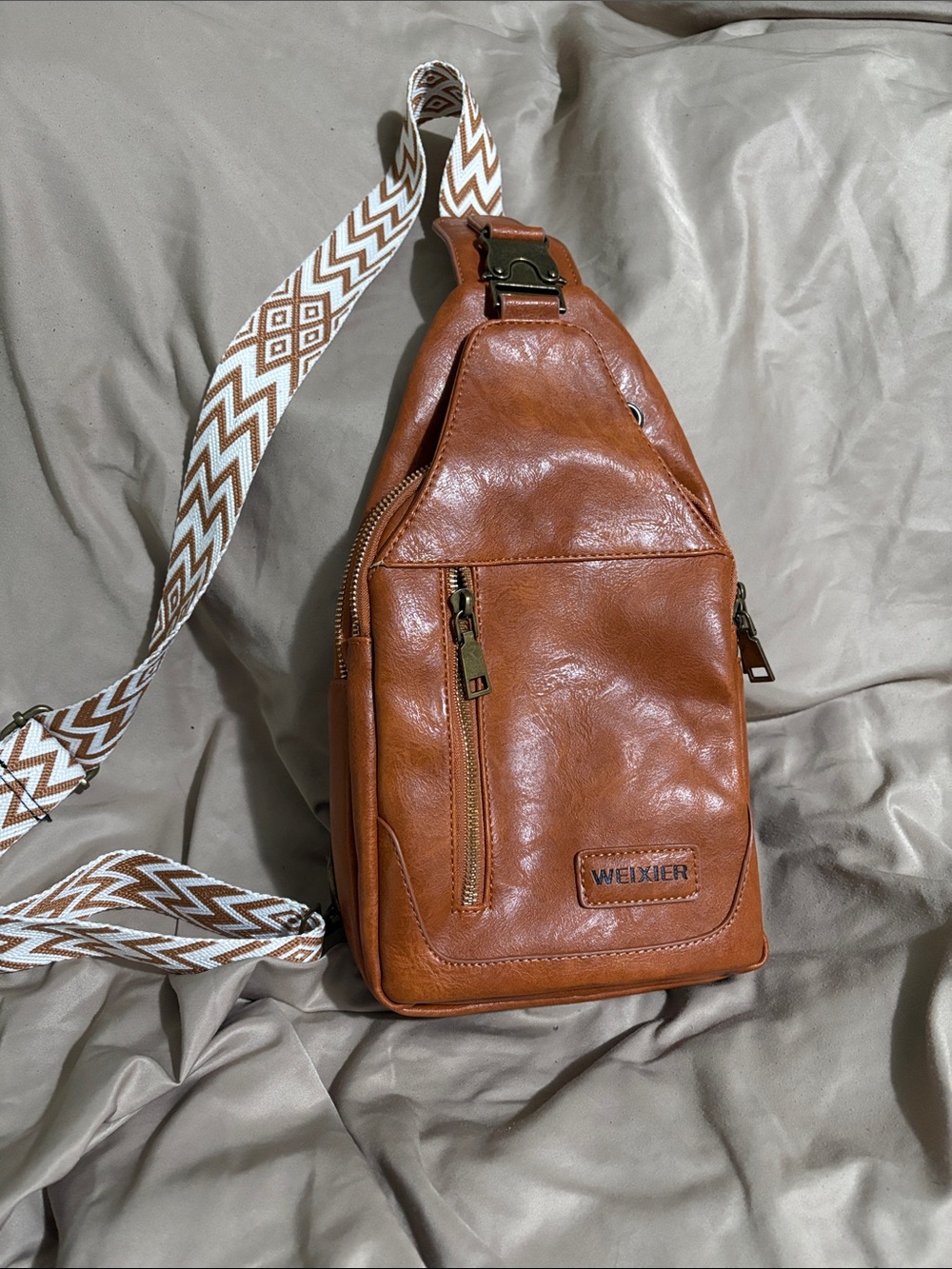 WEIXIER Tan Crossbody Sling Bag with Patterned Strap